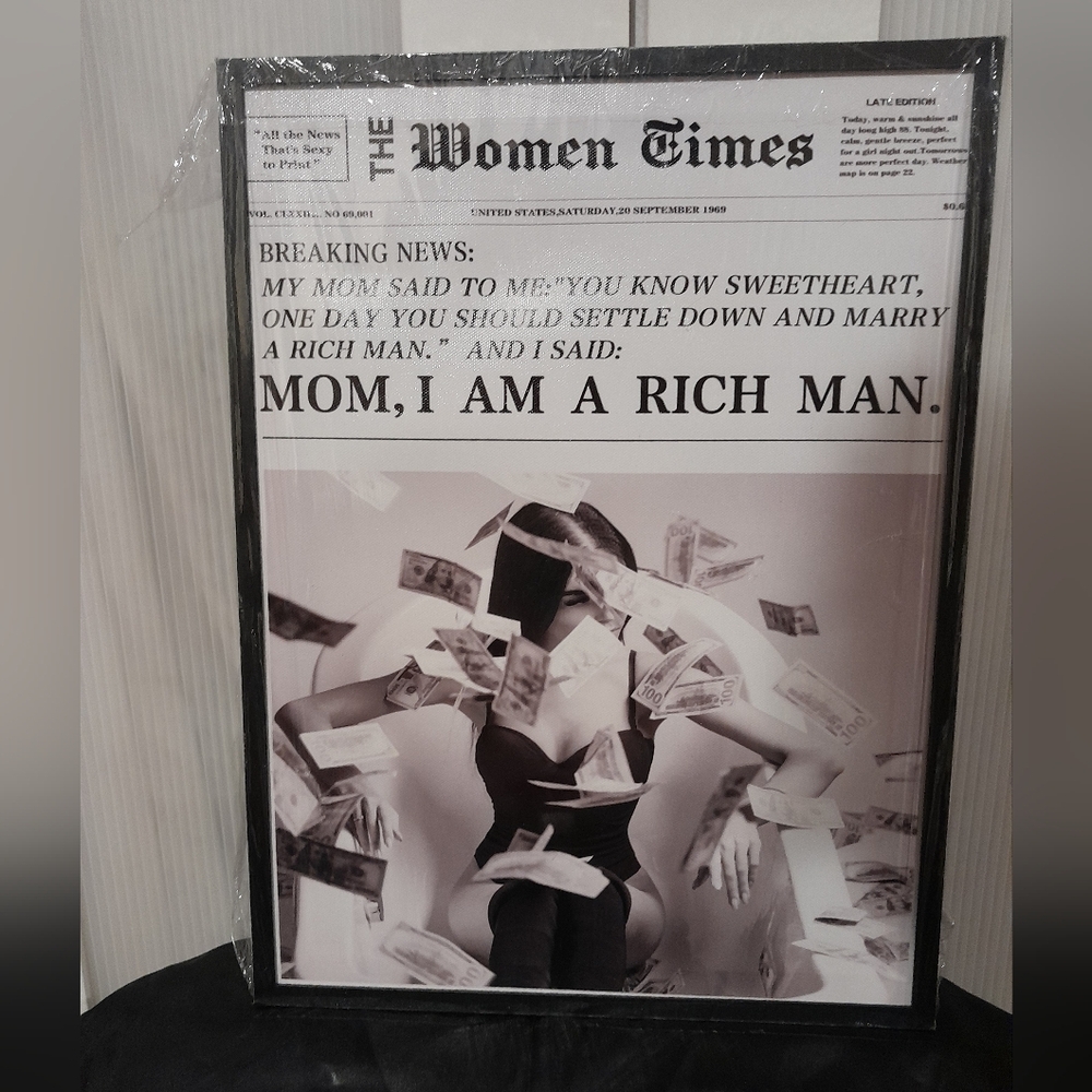 Wall Art- Vintage Newspaper Art Poster " Mom I am a rich person " - Black Framed